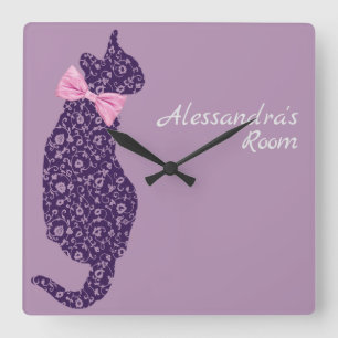 Personalised Purple Lace Cat Silhouette  Lavender Square Wall Clock
