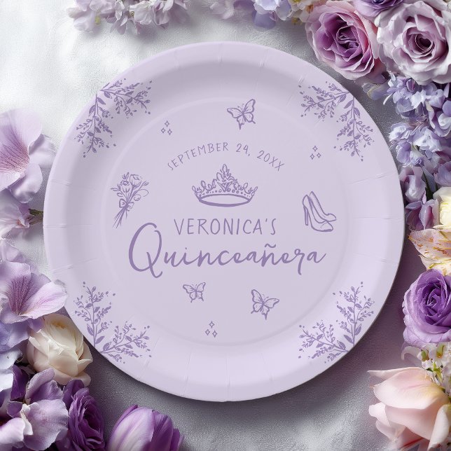 Personalised Purple Lavender Quinceanera Paper Plate (Shown on a 9-inch round plate)