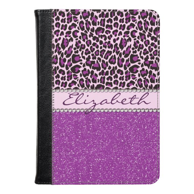 Personalised Purple Leopard Print Glitter Kindle Case (Front Closed)