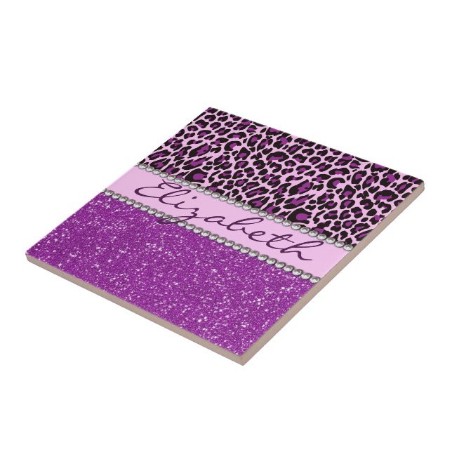 Personalised Purple Leopard Print Glitter Tile (Side)