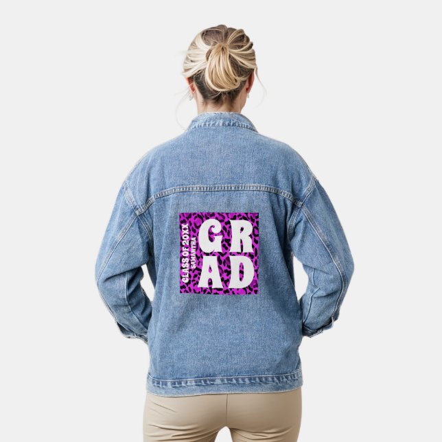 Personalised Purple Leopard Print Graduate Name Denim Jacket (Model)