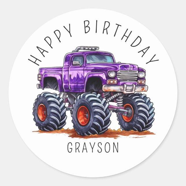Personalised Purple Monster Truck Birthday Gift Classic Round Sticker (Front)