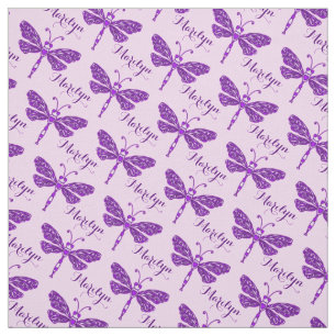 Personalised purple name dragonfly inked pattern fabric