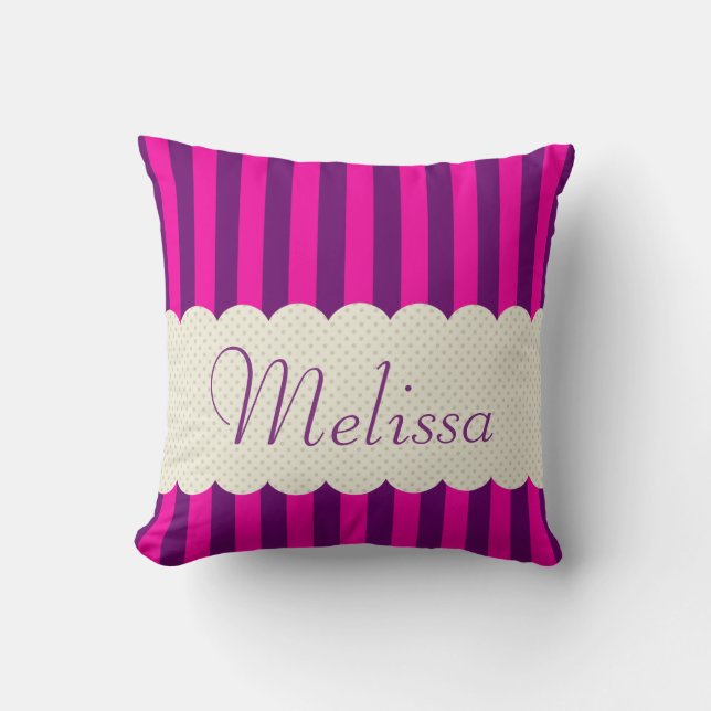 Personalised Purple Pink Stripes Polka Dots Design Cushion (Front)