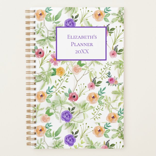 Personalised Purple Pink Yellow Floral Yearly Planner (Front)