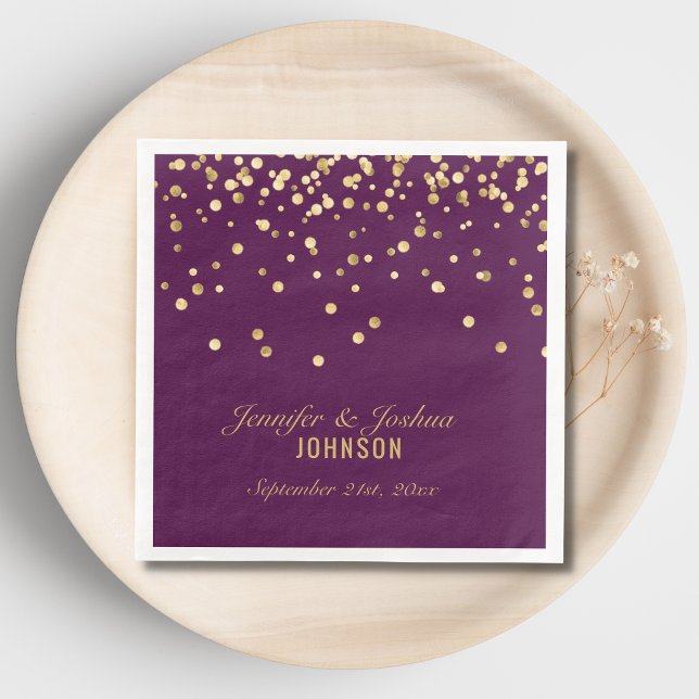Personalised PURPLE PLUM Gold Confetti Wedding Napkin (Creator Uploaded)