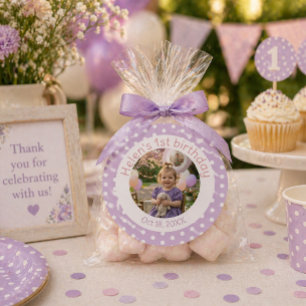 Personalised Purple Polka Dot Photo 1st Birthday  Classic Round Sticker