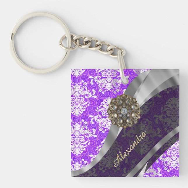 Personalised purple pretty girly damask pattern key ring (Front)