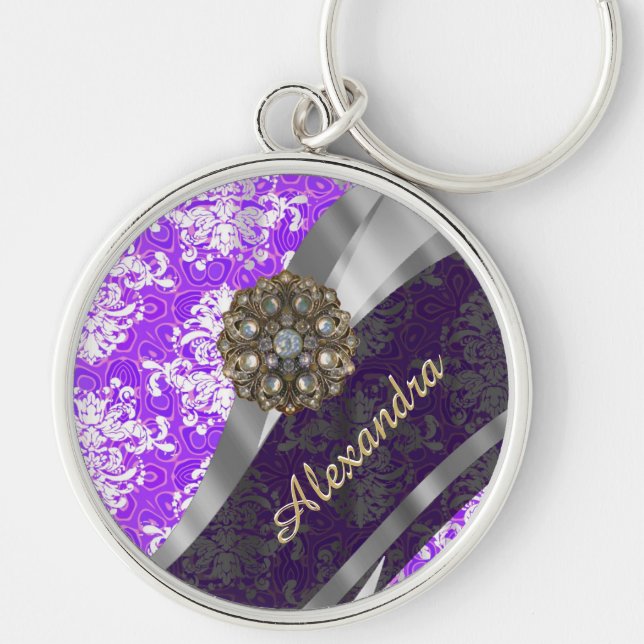 Personalised purple pretty girly damask pattern key ring (Front)