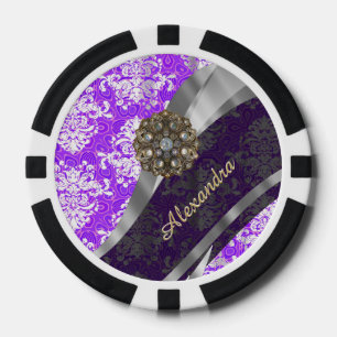Personalised purple pretty girly damask pattern poker chips