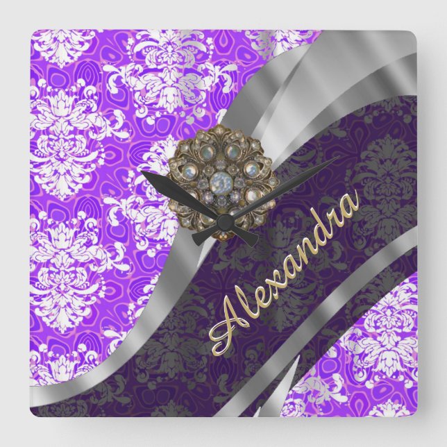 Personalised purple pretty girly damask pattern square wall clock (Front)