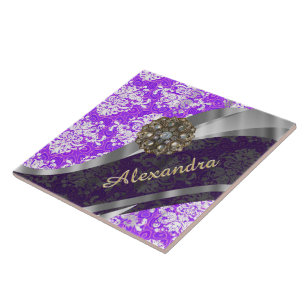 Personalised purple pretty girly damask pattern tile