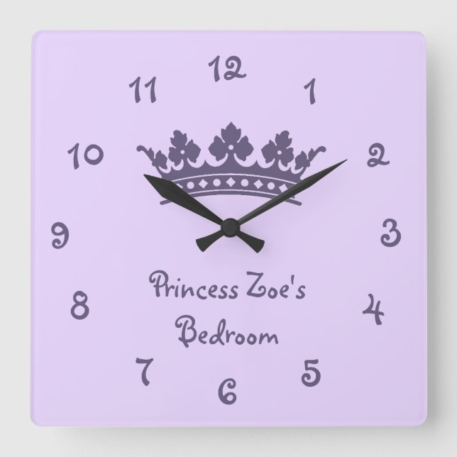 Personalised Purple Princess Girl's Bedroom Square Wall Clock (Front)