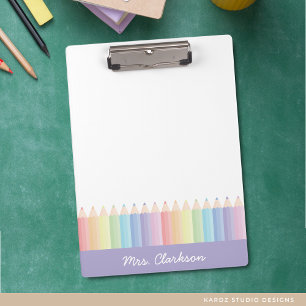 Personalised Purple Rainbow Pencils Teacher Clipboard