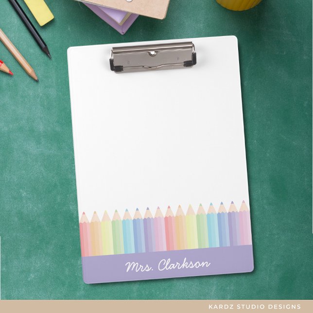 Personalised Purple Rainbow Pencils Teacher Clipboard (Personalize this pastel color pencils rainbow clipboard for your favorite teacher.)