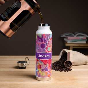 Personalised Purple Red Pour Painting Fluid Art Water Bottle