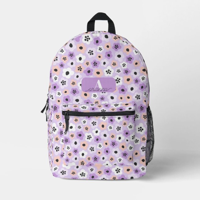 Personalised Purple Retro Floral Personalised Printed Backpack (Front)