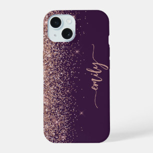 Personalised Purple Rose Gold Glitter Signature iPhone 15 Case