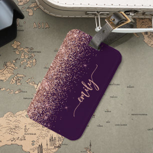Personalised Purple Rose Gold Glitter Signature Luggage Tag