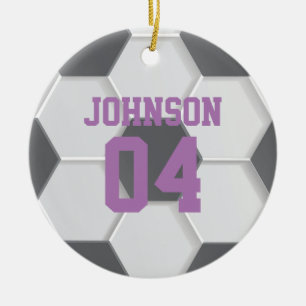 Personalised Purple Soccer Ball Christmas Ceramic Tree Decoration