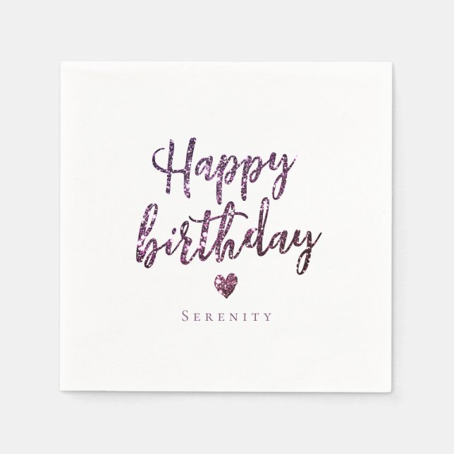 Personalised purple sparkle glitter happy birthday napkin (Front)