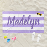 Personalised Purple Striped Script Name Beach Towel<br><div class="desc">Personalised beach towel design features custom text in modern purple script that can be personalised with a first or last name against a pattern of white stripes on a light purple background. Colours and font style can be completely customised.</div>