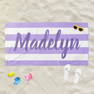 Personalised Purple Striped Script Name Beach Towel