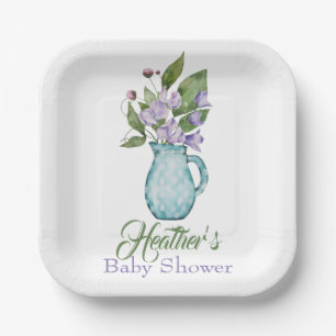 Personalised Purple Sweet Pea Flowers Baby Shower Paper Plate