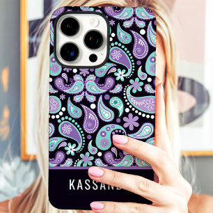 Personalised Purple Teal Paisley Name iPhone 16 Pro Max Case