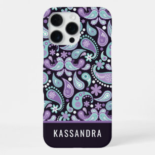 Personalised Purple Teal Paisley Name iPhone 16 Pro Max Case