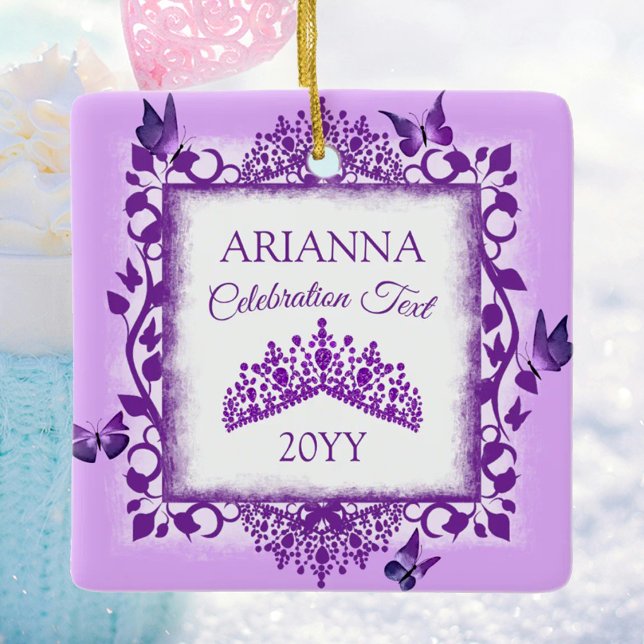 Personalised Purple Tiara & Butterflies Keepsake Ceramic Ornament (personalized tree ornament with purple butterflies and tiara, congratulations, commemorative gift)