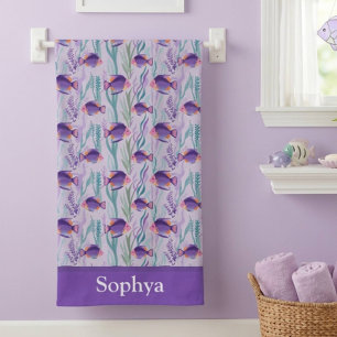 Personalised Purple Tropical Fish Bath Towel