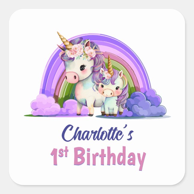 Personalised Purple Unicorn 1st Birthday Square Sticker (Front)