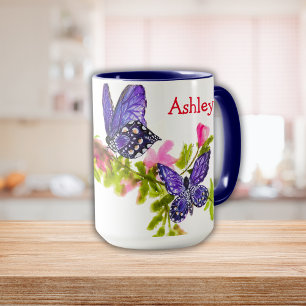 Personalised Purple Watercolor Butterfly & Flowers Mug