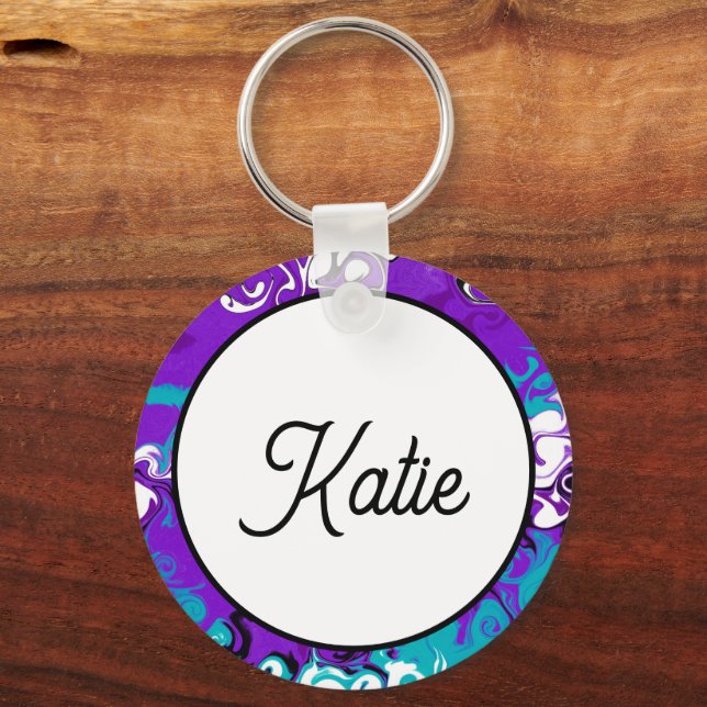 Personalised Purple Waves Fluid Art Key Ring (Back)