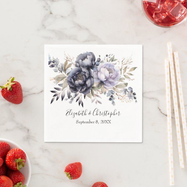 Personalised Purple White Floral Botanical Wedding Napkin (Insitu)