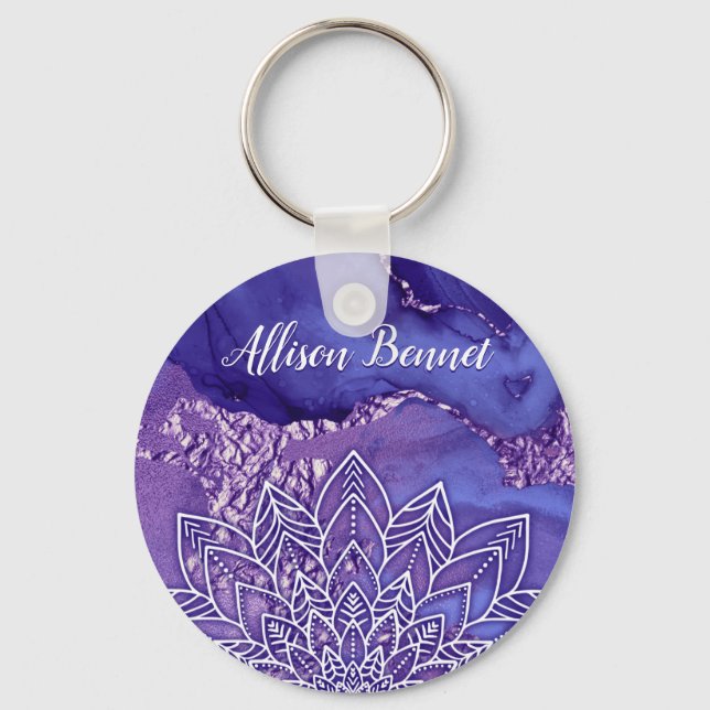 Personalised Purple White Watercolor Mandala Key Ring (Front)