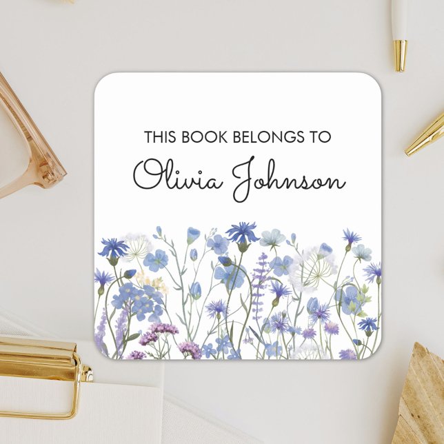 Personalised Purple Wildflower Floral Bookplate Square Sticker (In situ)