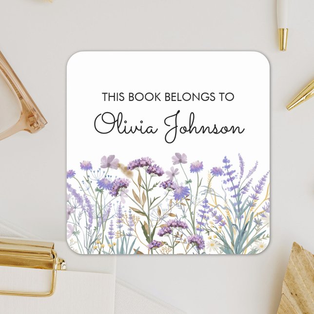 Personalised Purple Wildflower Floral Bookplate Square Sticker (In situ)