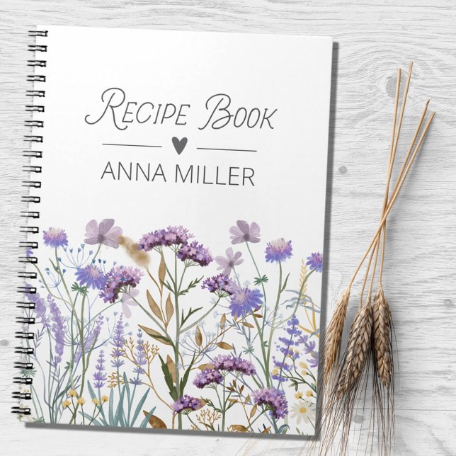 Personalised Purple Wildflower Floral Recipe Notebook (In situ)