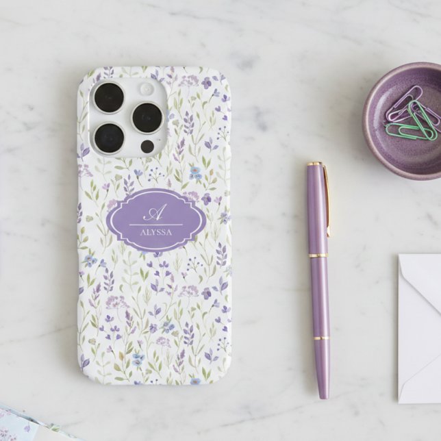 Personalised Purple Wildflower Monogram iPhone Case (pretty lavender purple blue wildflower phone case for iphone with custom monogram name and initial)