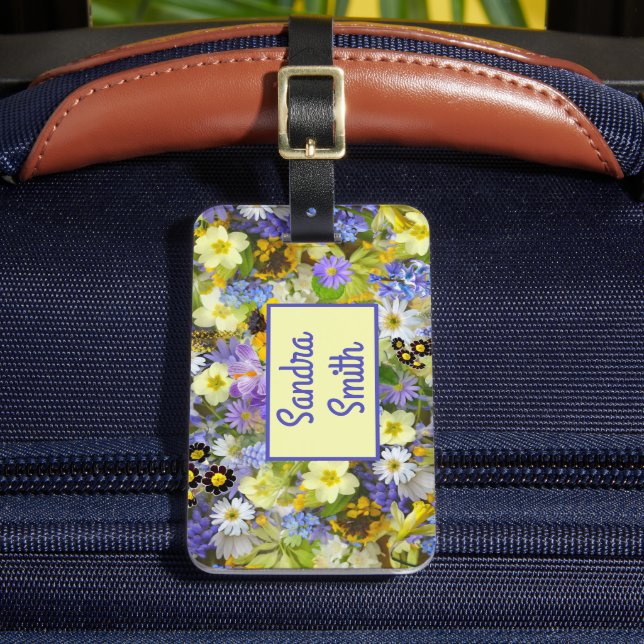 Personalised Purple Yellow Country Garden Flowers  Luggage Tag (Front Insitu 2)