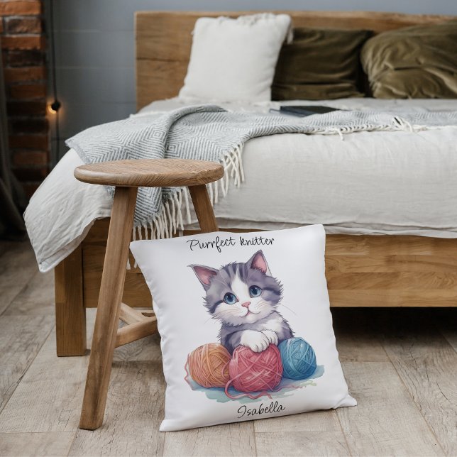 Personalised Purrfect Knitter Cat for Yarn Lovers Cushion (A great pillow for anyone who loves cats and knitting. This watercolor illustration of a cute kitty.)