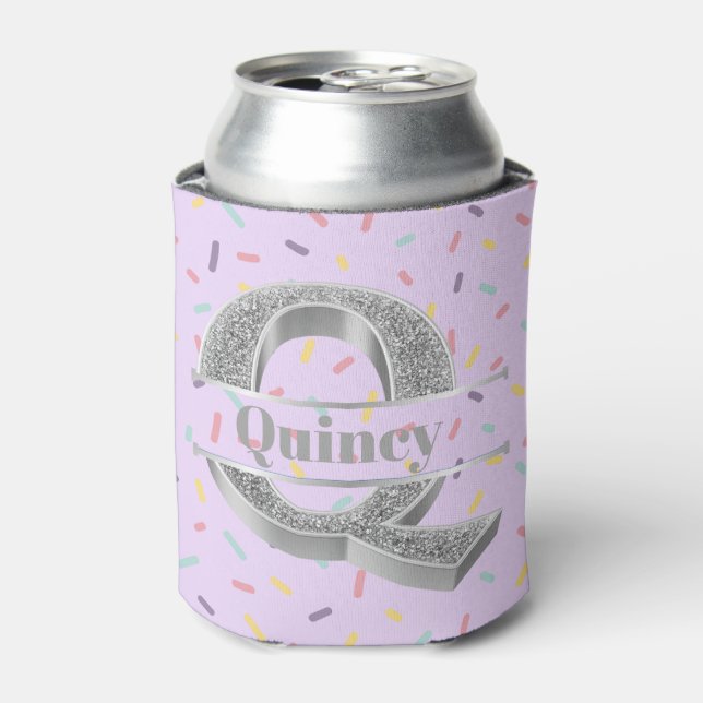 Personalised Q Initial Silver Monogram Your Name Can Cooler (Can Front)
