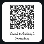 Personalised QR Code Wedding Photo Share Website Square Sticker<br><div class="desc">Your unique QR code and custom text highlight these square stickers designed for wedding photo sharing among guests.</div>