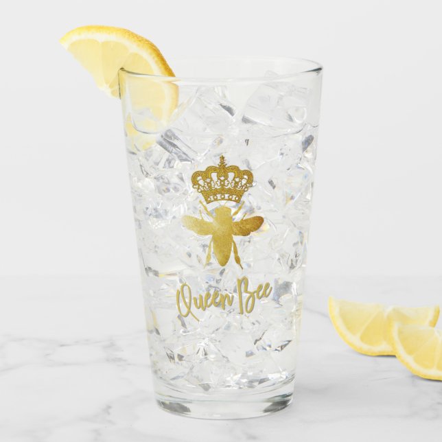 Personalised ★ QUEEN BEE ★ Gold Crown Tall Glass (Front Ice)