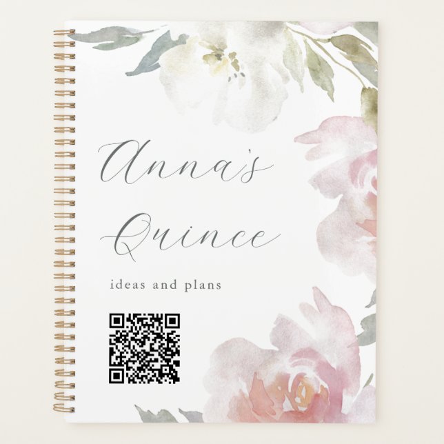 Personalised Quinceanera Pink Floral QR Code Planner (Front)