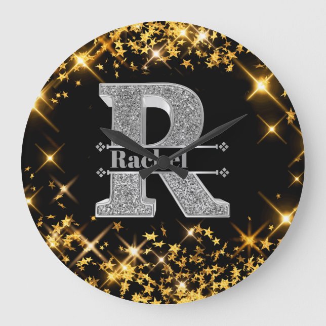 Personalised R Initial Silver Monogram Your Name Large Clock (Front)