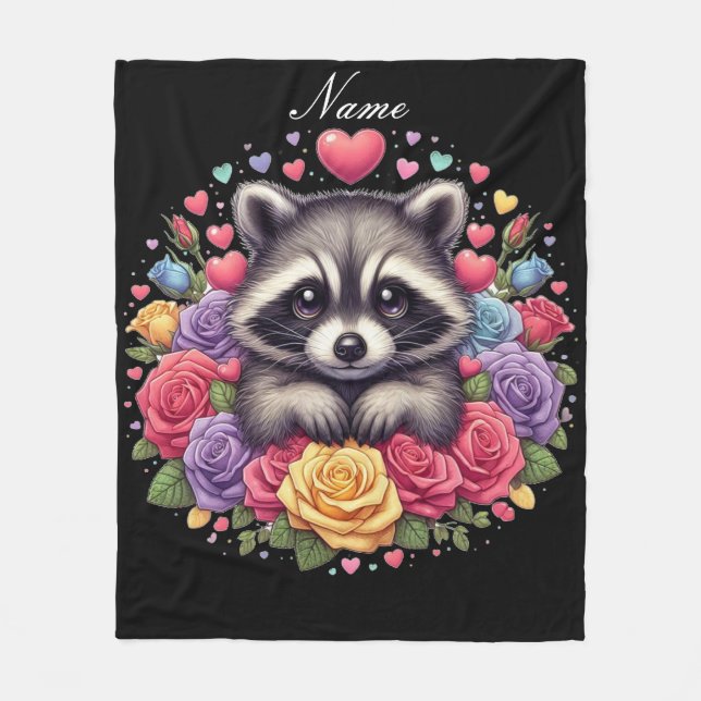 Personalised Racoon with Flowers and Hearts Fleece Blanket (Front)