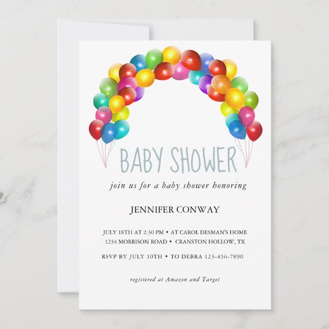 Personalised Rainbow Balloons Baby Shower Invitation (Front)